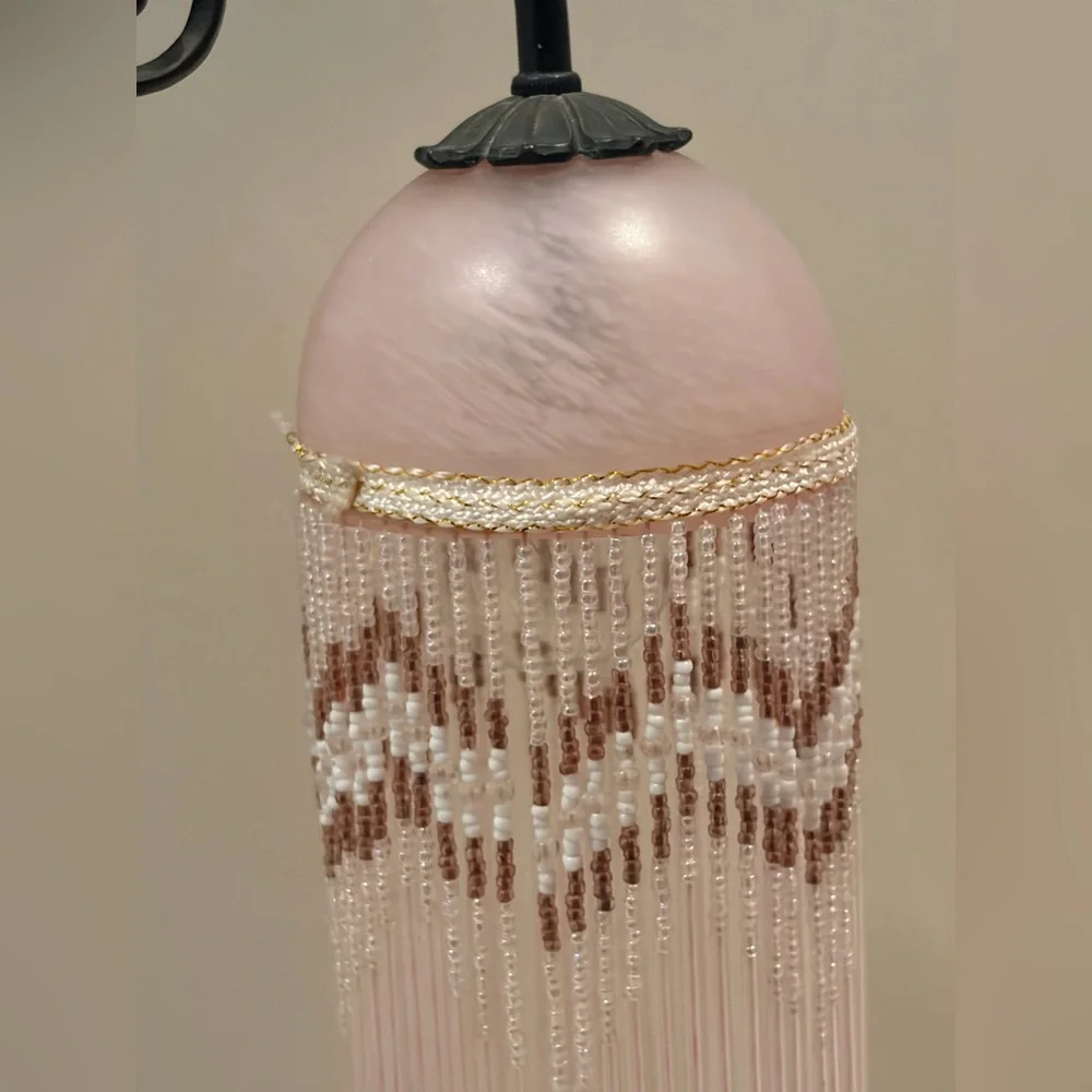 Vintage Victorian Style Beaded Glass Boudoir Table Light Lamp, Metal Leaf Base